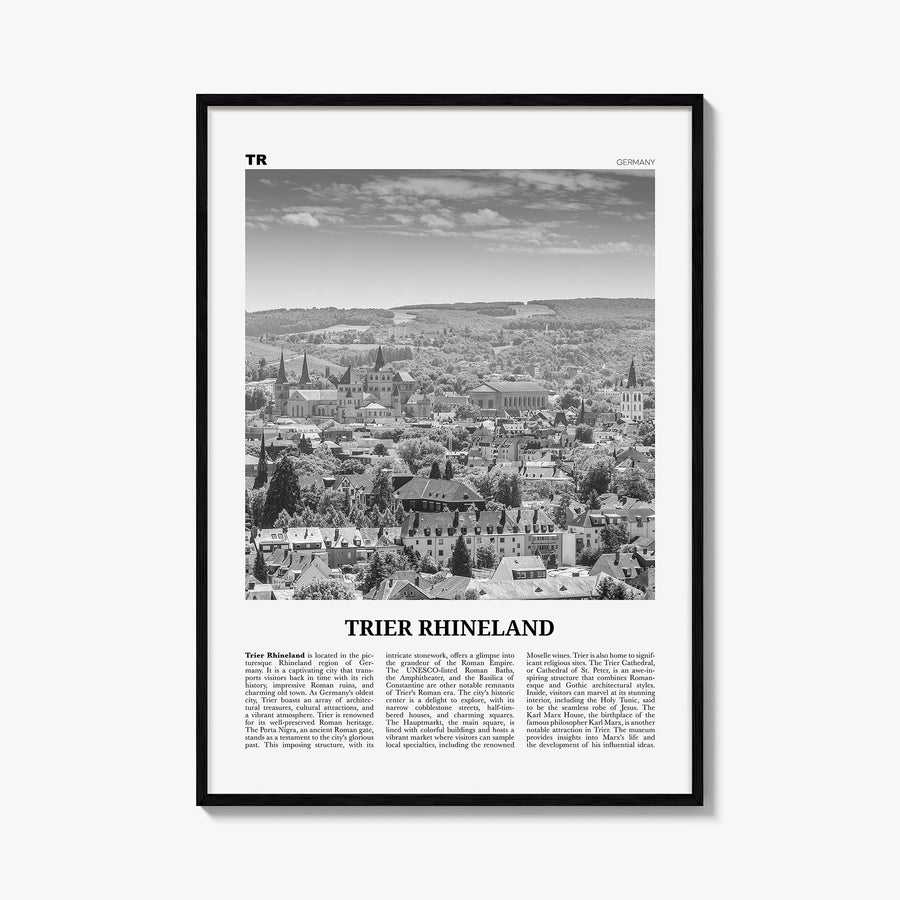 Trier Rhineland black & white newspaper poster of Germany – vertical wall art, unframed print shown in interior mockup