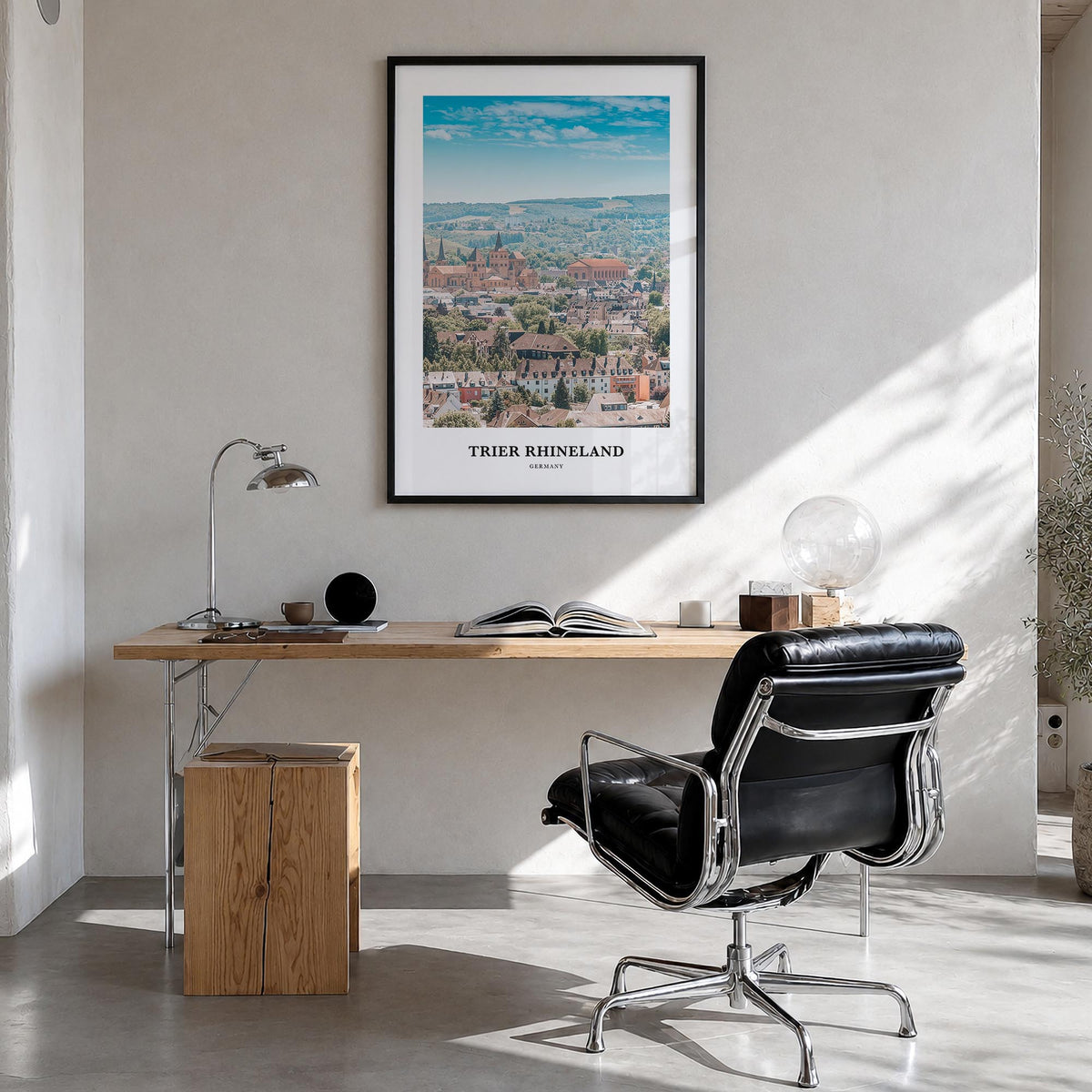 Trier Rhineland colorful classic poster of Germany – vertical wall art in black wood frame, hanging on wall