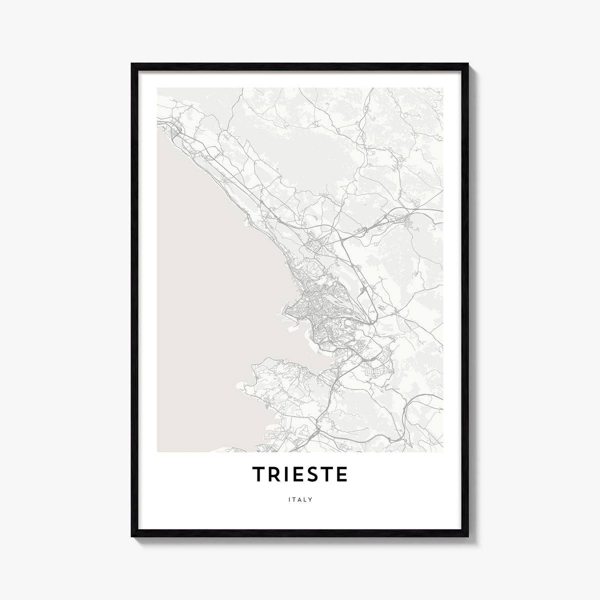Trieste black & white map poster of Italy – vertical wall art, unframed print shown in interior mockup