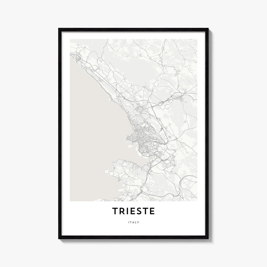 Trieste black & white map poster of Italy – vertical wall art, unframed print shown in interior mockup