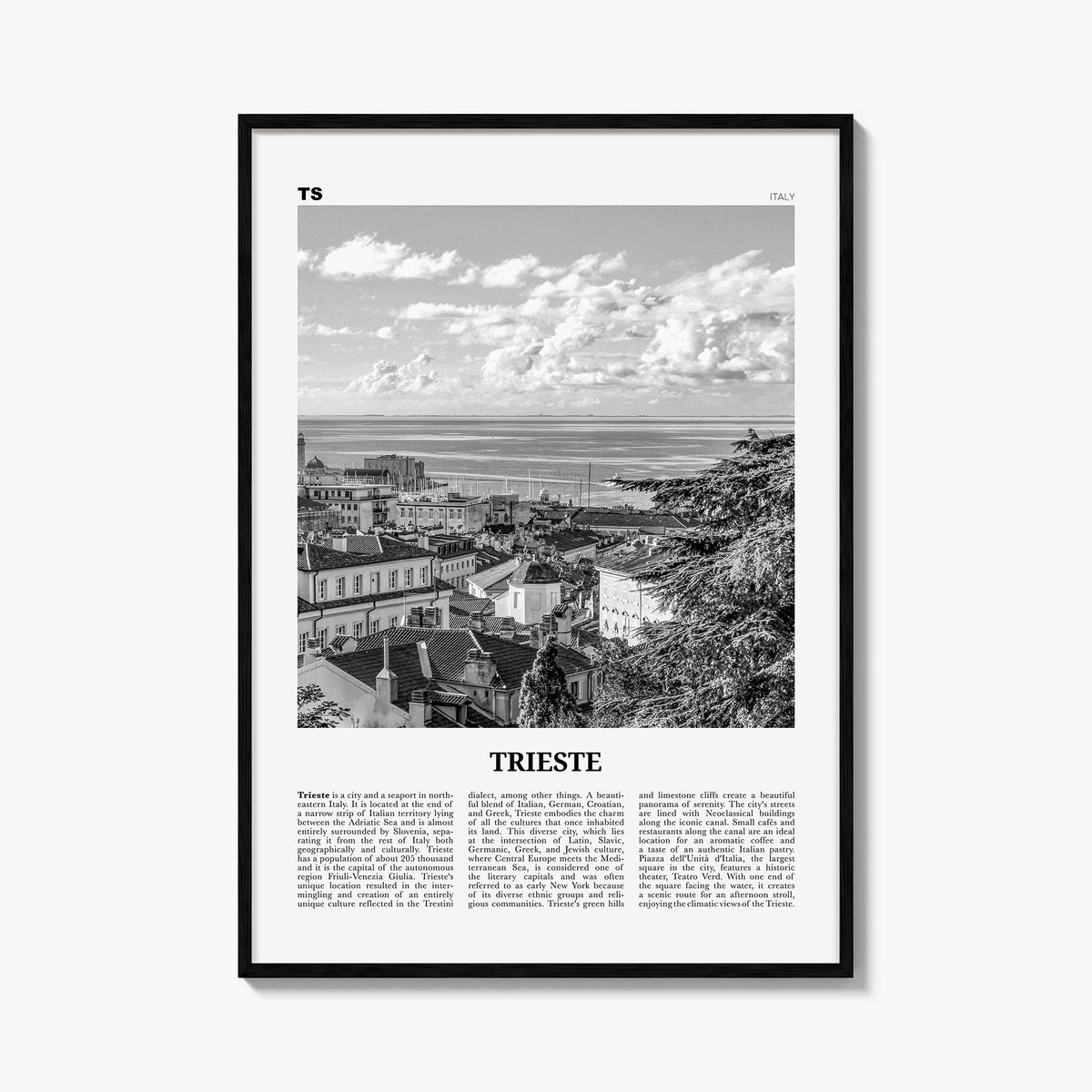 Trieste black & white newspaper poster of Italy – vertical wall art, unframed print shown in interior mockup