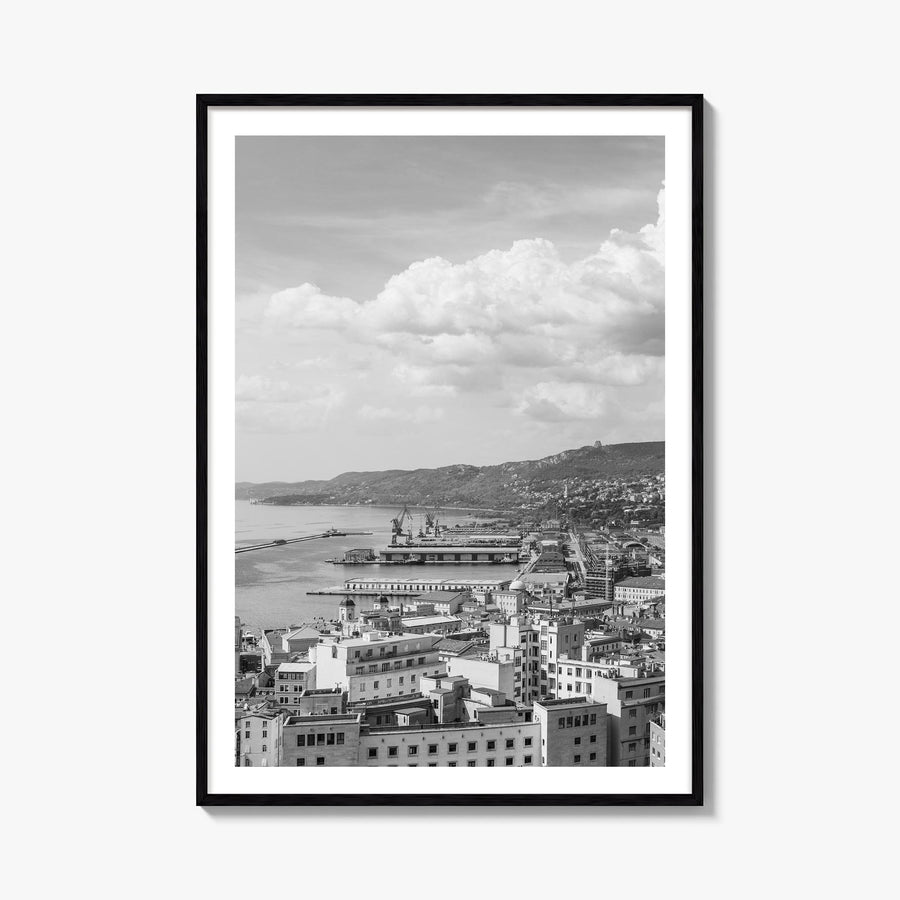 Trieste black & white photo poster of Italy – vertical wall art, unframed print shown in interior mockup