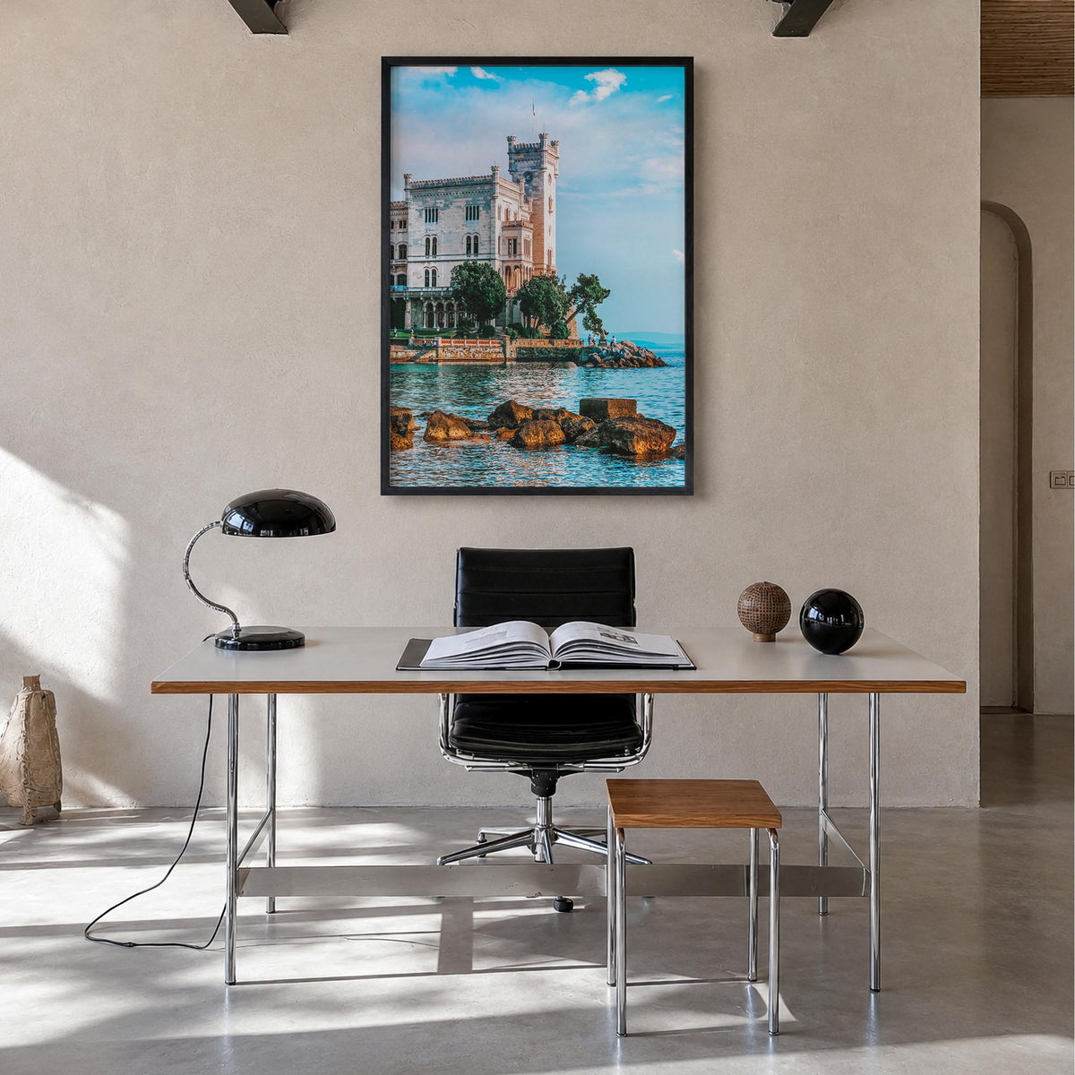 Trieste colorful photo poster of Italy – vertical wall art in black wood frame, hanging on wall