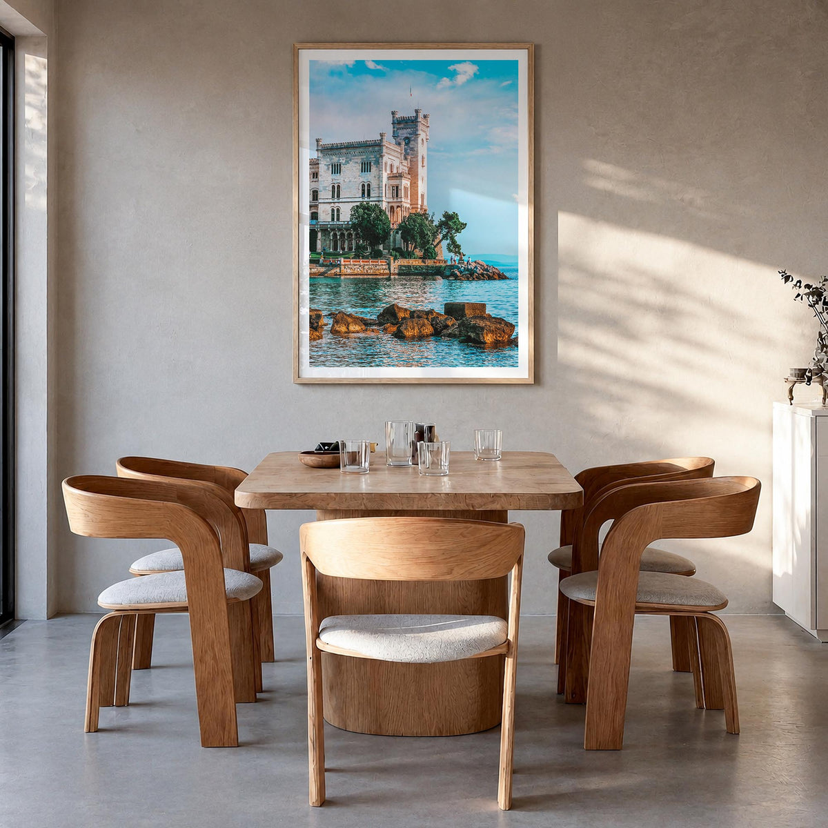Trieste colorful photo poster of Italy – vertical wall art in natural wood frame with white border, hanging on wall
