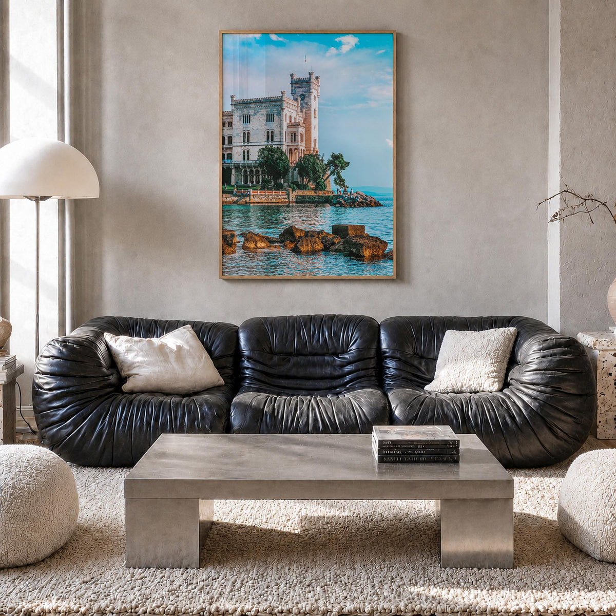 Trieste colorful photo poster of Italy – vertical wall art in natural wood frame, hanging on wall