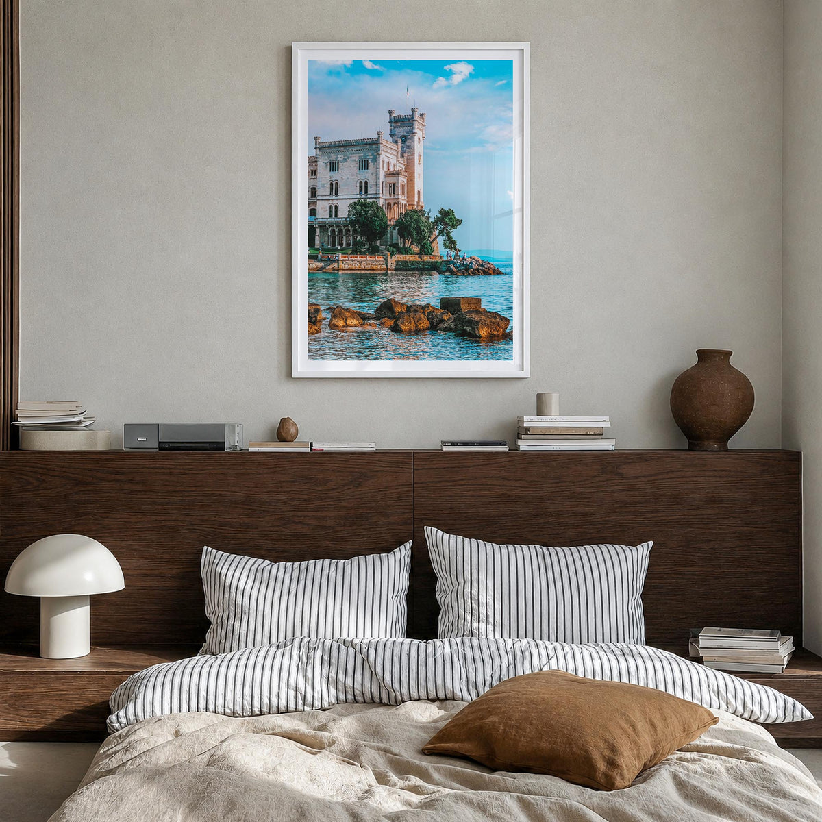 Trieste colorful photo poster of Italy – vertical wall art in white wood frame with white border, hanging on wall