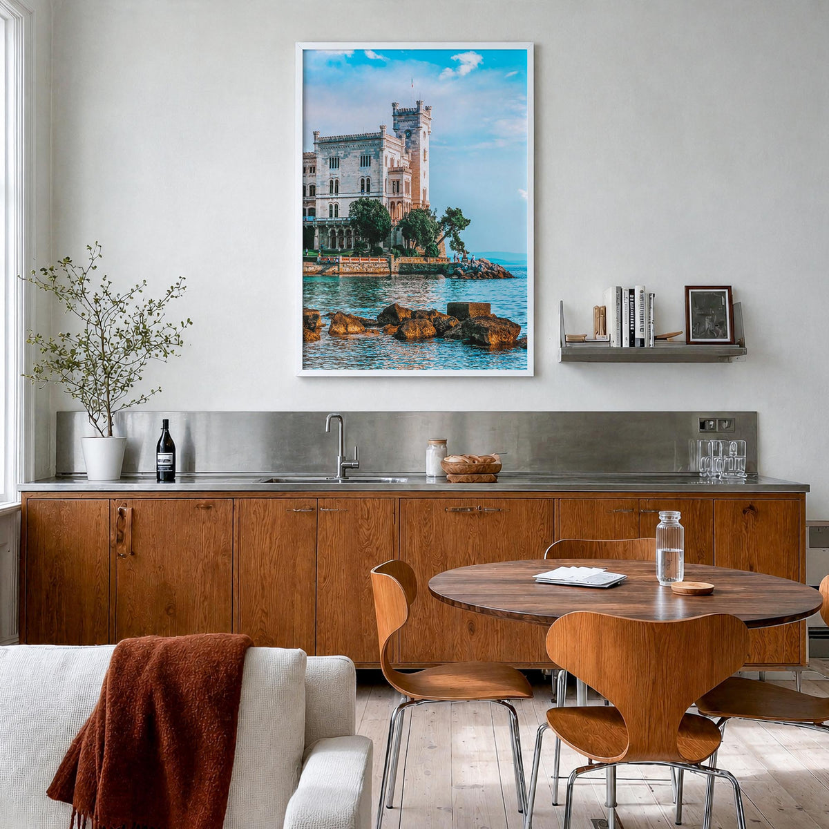 Trieste colorful photo poster of Italy – vertical wall art in white wood frame, hanging on wall