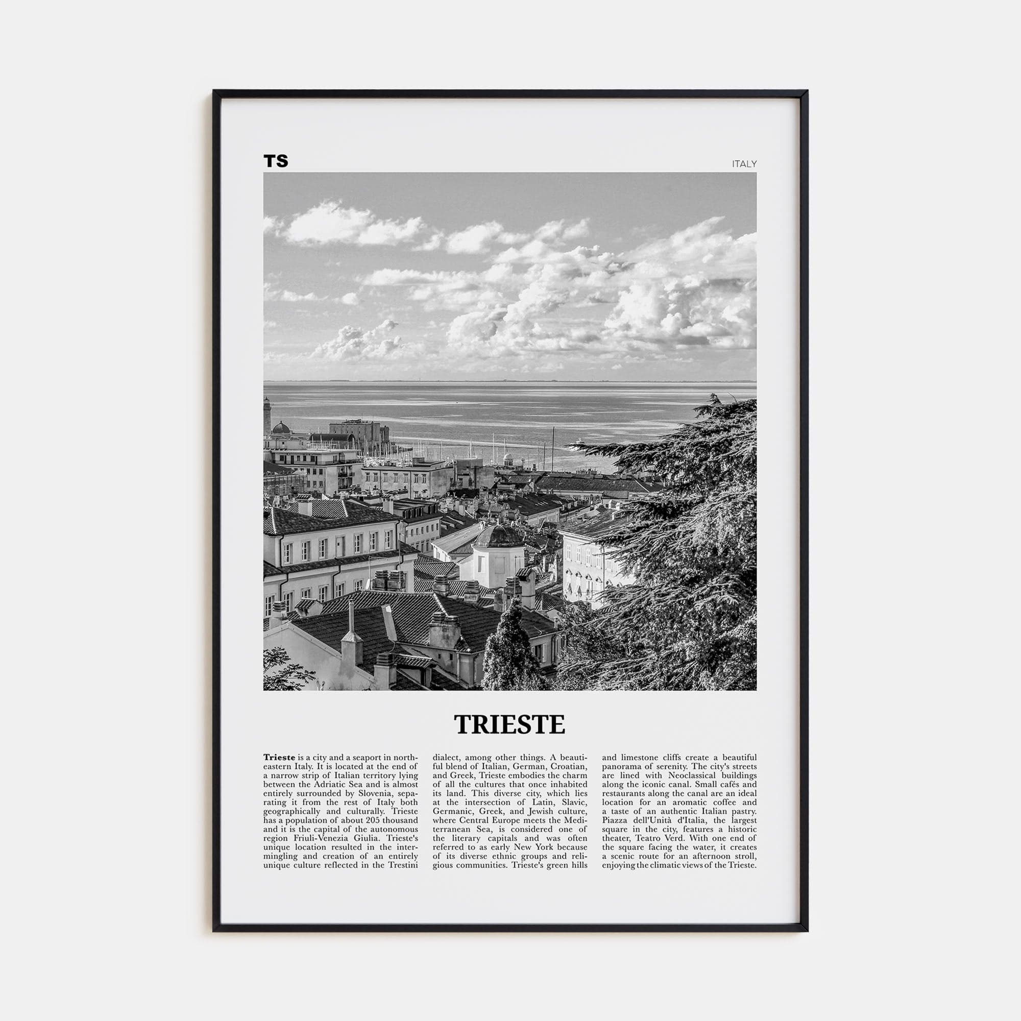 Trieste Poster Black Metal / 8x12 in Nbourhood Travel B&W Poster