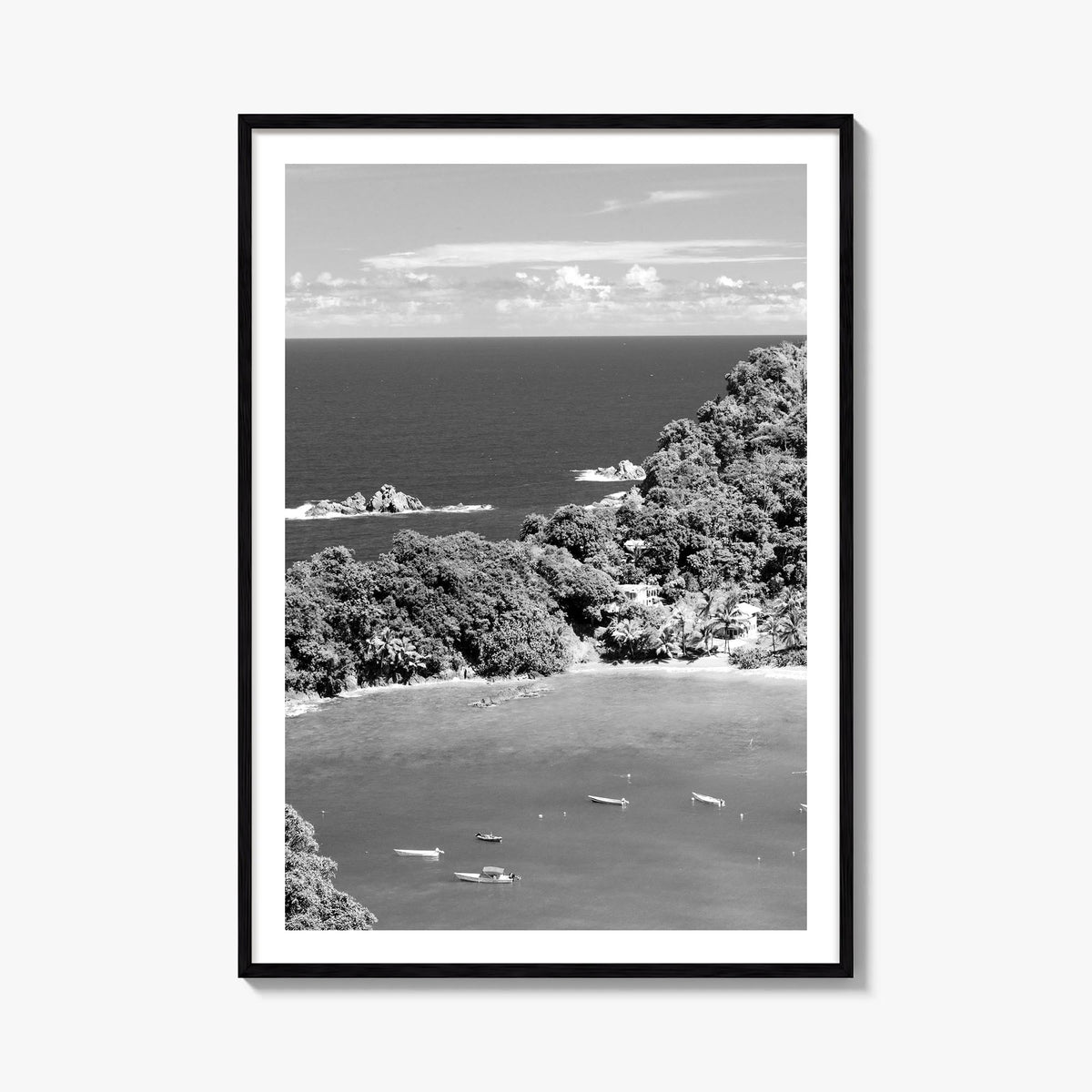Trinidad and Tobago black & white photo poster of Caribbean – vertical wall art, unframed print shown in interior mockup