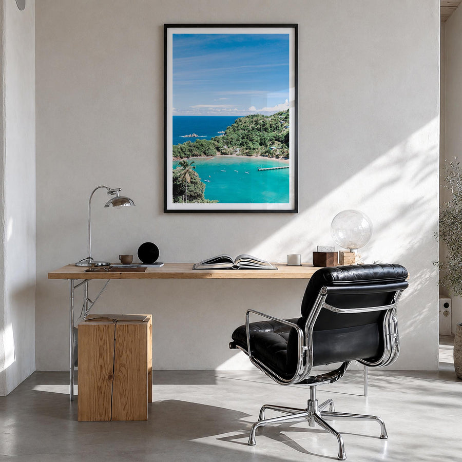 Trinidad and Tobago colorful photo poster of Caribbean – vertical wall art in black wood frame with white border, hanging on 