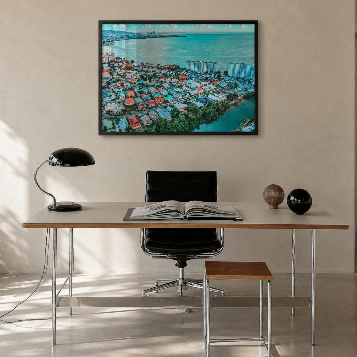 Trinidad and Tobago colorful photo poster of Caribbean – horizontal wall art in black wood frame, hanging on wall