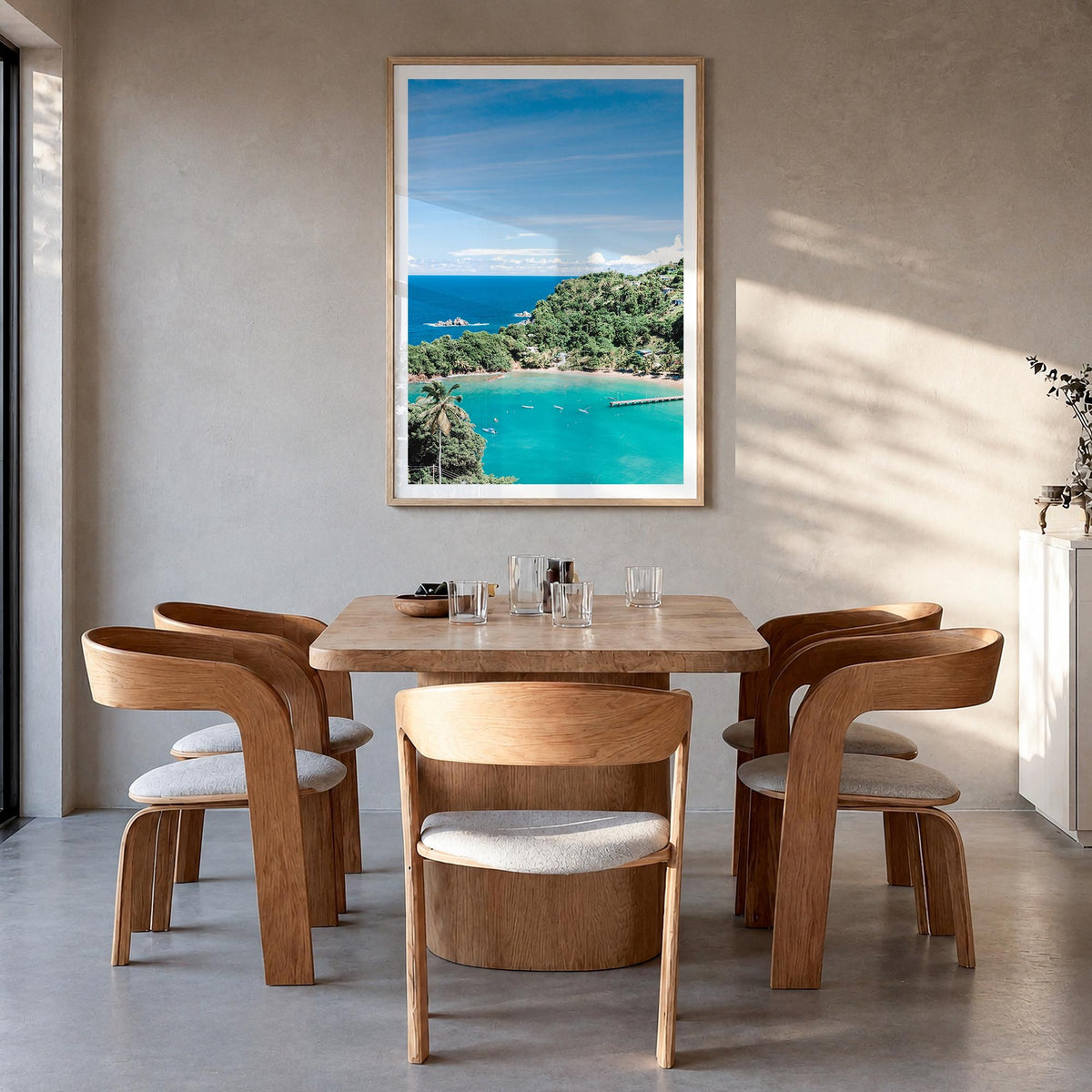 Trinidad and Tobago colorful photo poster of Caribbean – vertical wall art in natural wood frame with white border, hanging o