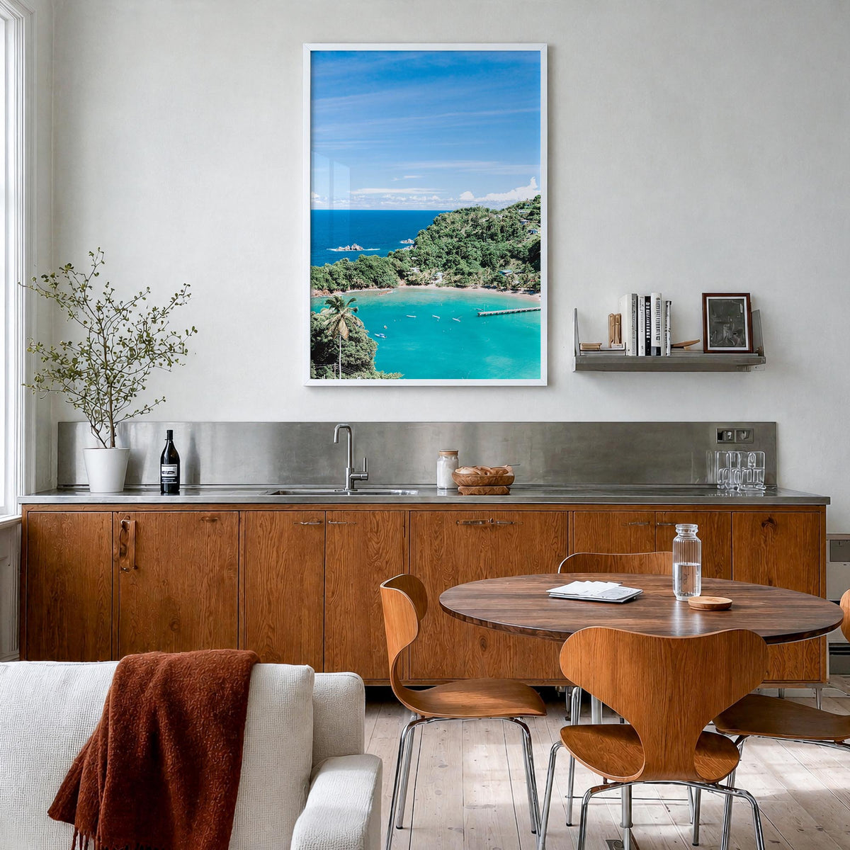 Trinidad and Tobago colorful photo poster of Caribbean – vertical wall art in white wood frame, hanging on wall