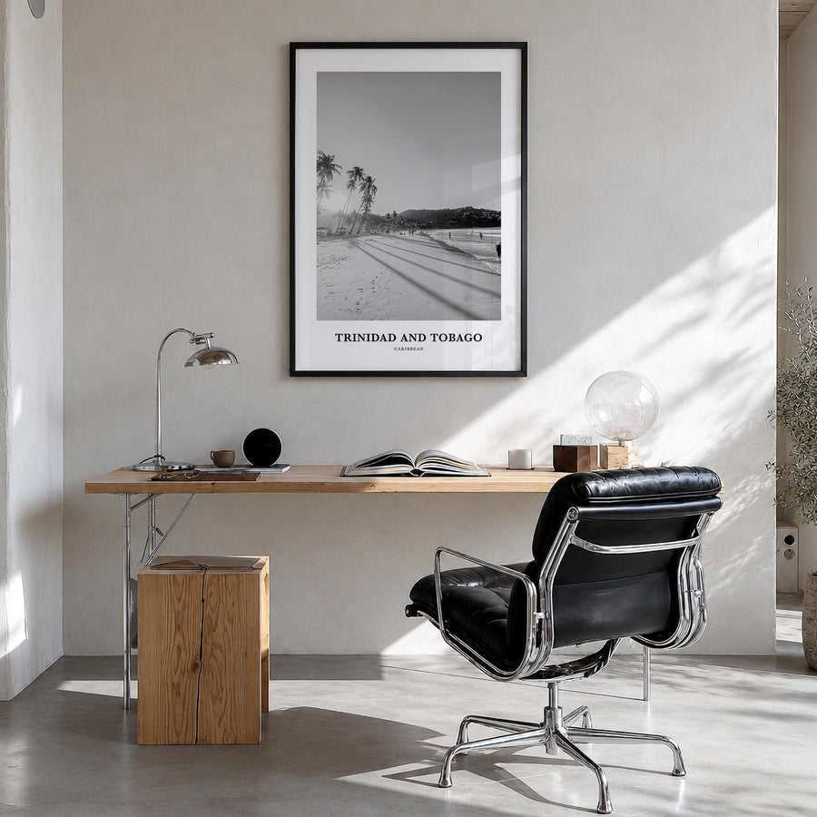 Trinidad and Tobago no. 1 black & white classic poster of Caribbean – vertical wall art in black wood frame, hanging on wall