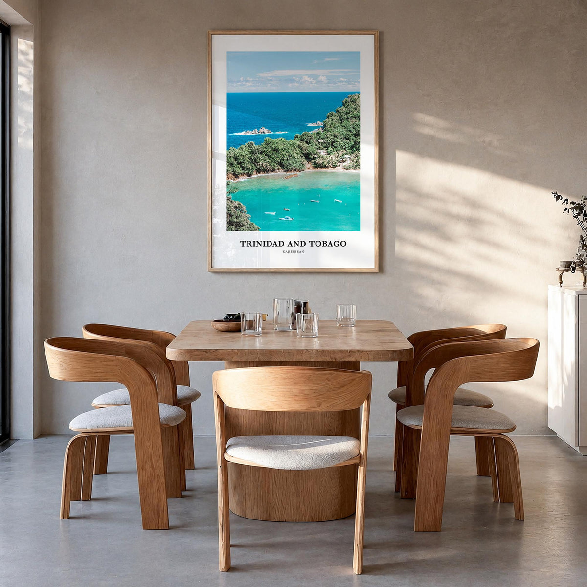 Trinidad and Tobago no. 1 colorful classic poster of Caribbean – vertical wall art in natural wood frame, hanging on wall