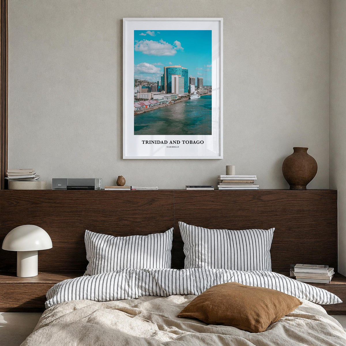 Trinidad and Tobago no. 2 colorful classic poster of Caribbean – vertical wall art in white wood frame, hanging on wall