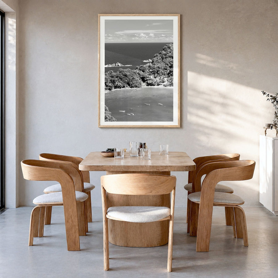 Trinidad and Tobago Photo Poster in a natural wood frame, hanging in a dining room, white border