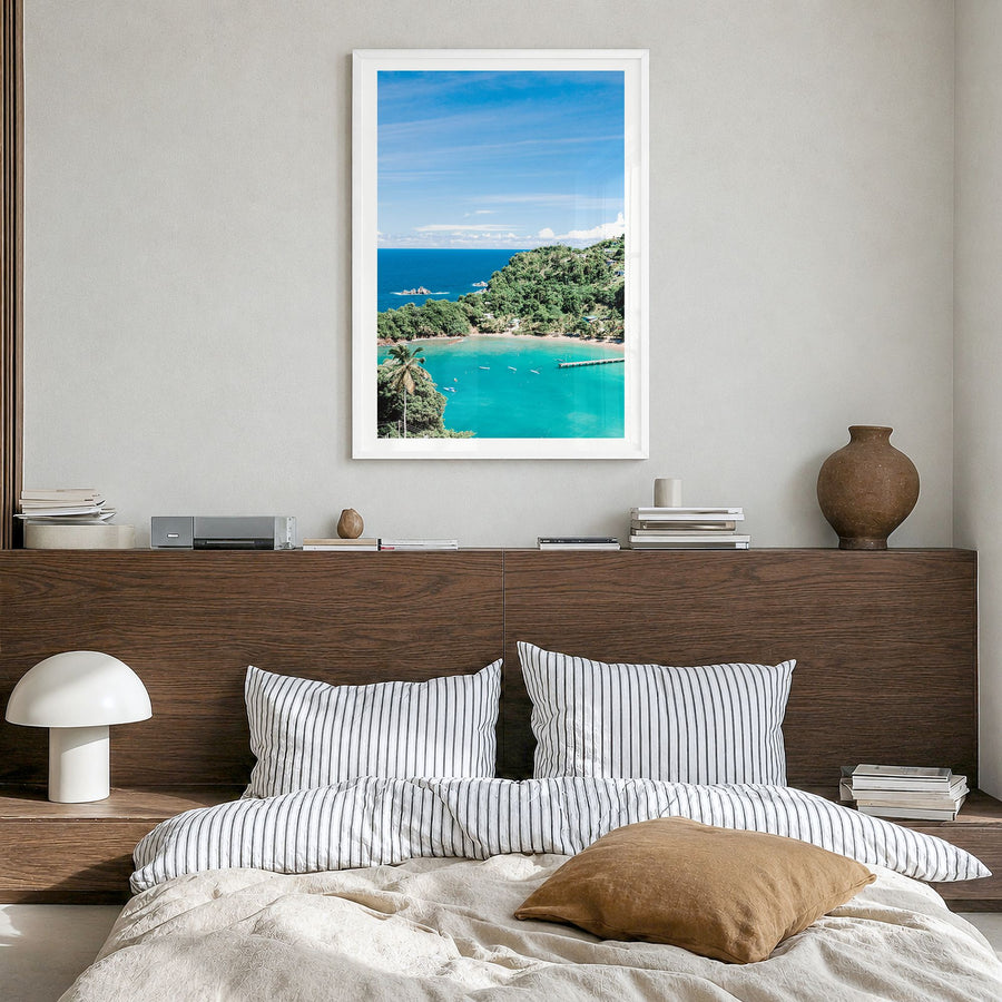 Trinidad and Tobago Photo Poster in a white wood frame, hanging in a bedroom, white border