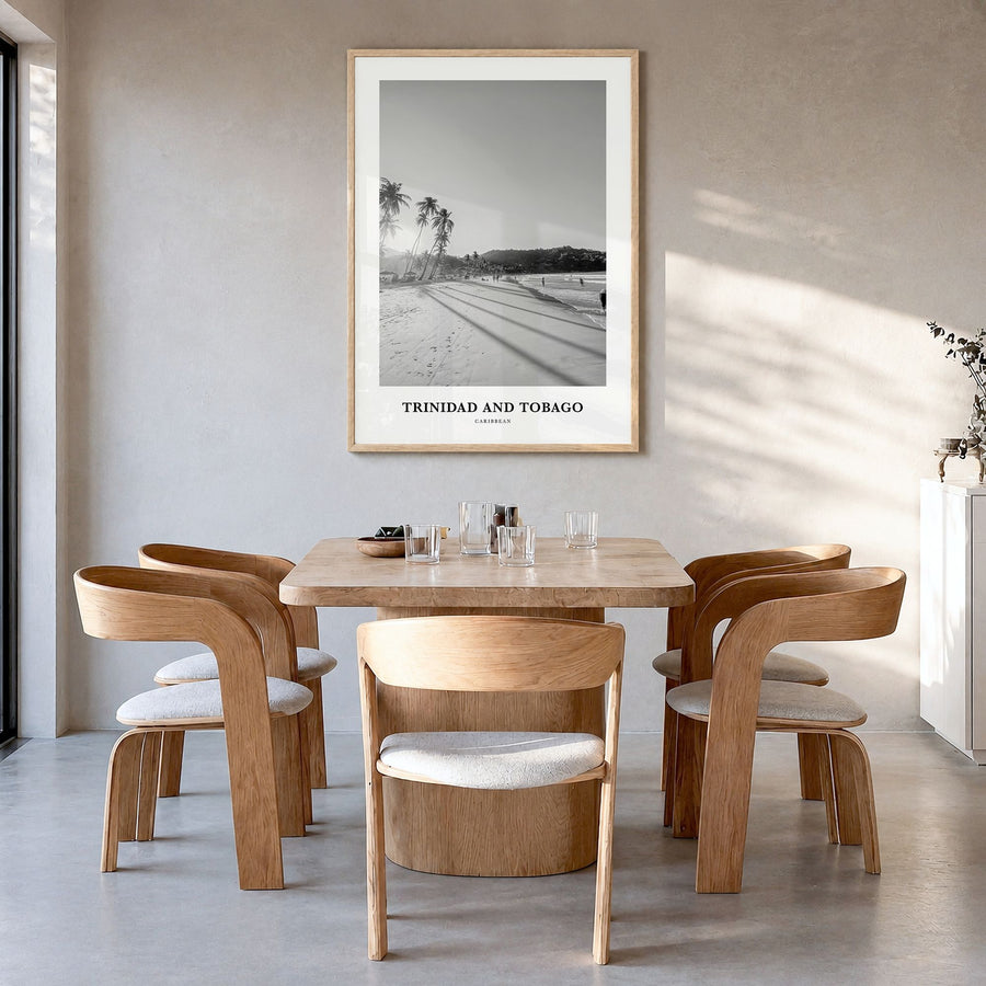 Trinidad and Tobago Classic No 1 Poster in a natural wood frame, hanging in a dining room