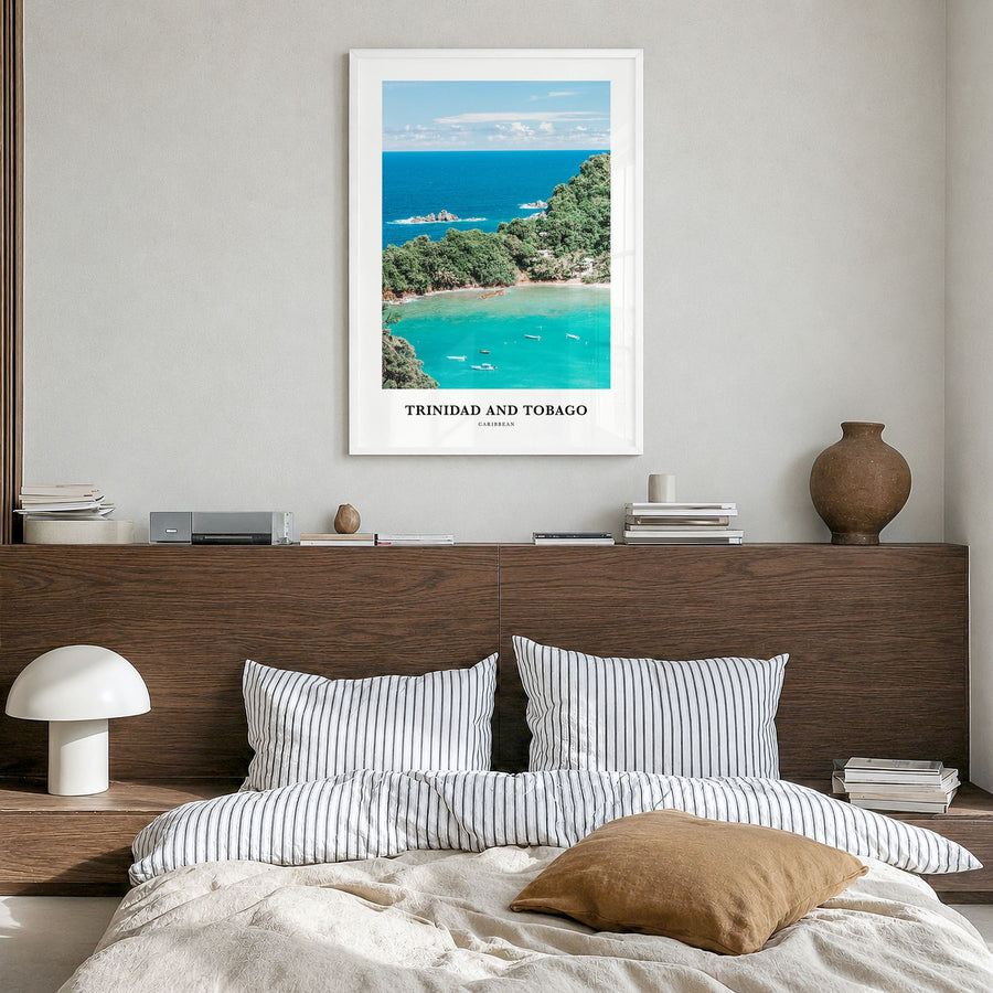 Trinidad and Tobago Classic No 1 Poster in a white wood frame, hanging in a bedroom