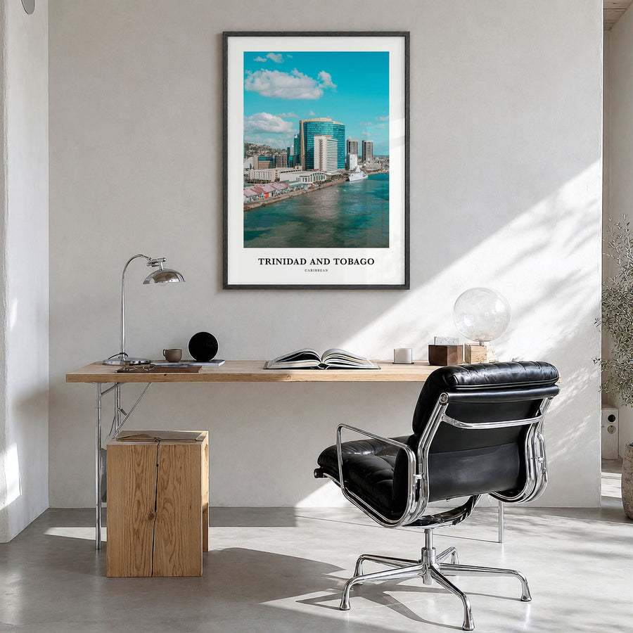 Trinidad and Tobago Classic No 2 Poster in a black wood frame, hanging in a bright home office