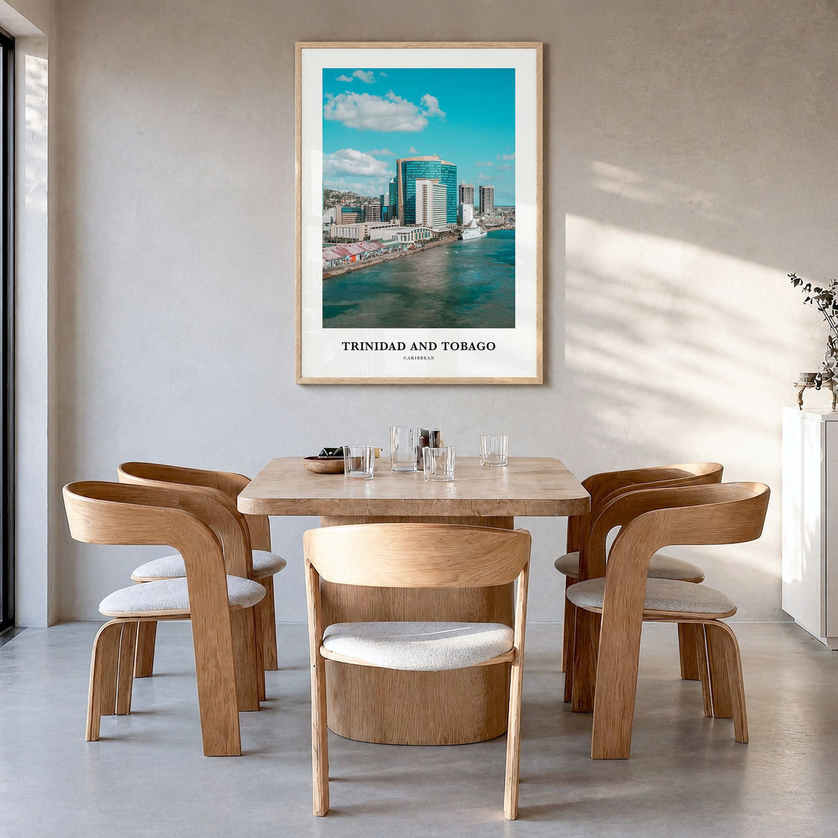 Trinidad and Tobago Classic No 2 Poster in a natural wood frame, hanging in a dining room