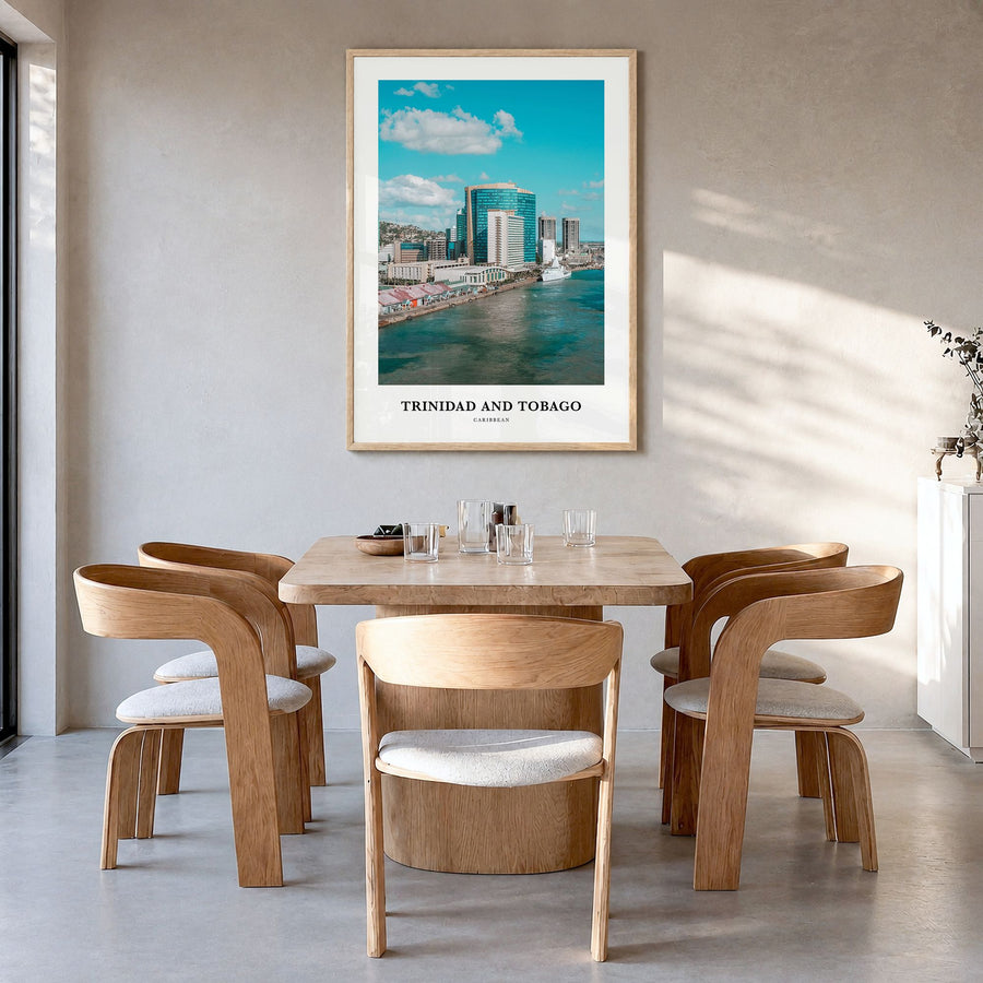 Trinidad and Tobago Classic No 2 Poster in a natural wood frame, hanging in a dining room