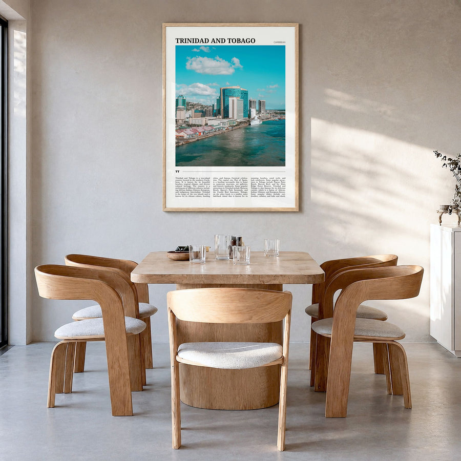 Trinidad and Tobago Travel No 1 Poster in a natural wood frame, hanging in a dining room