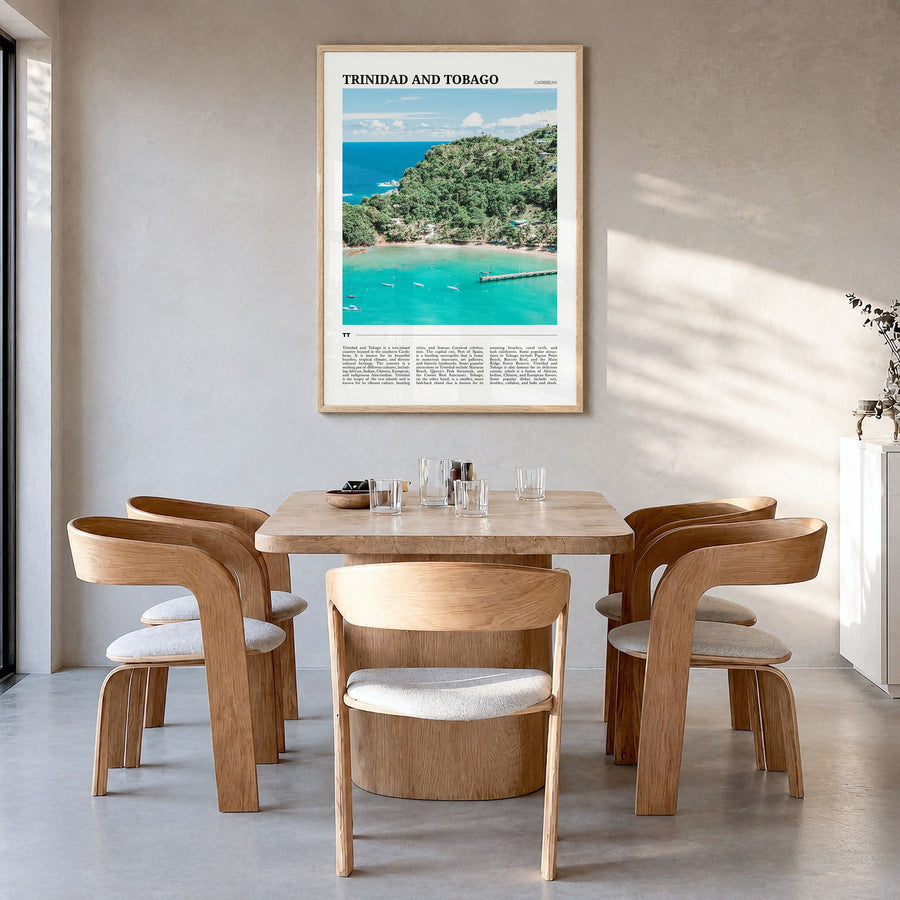 Trinidad and Tobago Travel No 2 Poster in a natural wood frame, hanging in a dining room
