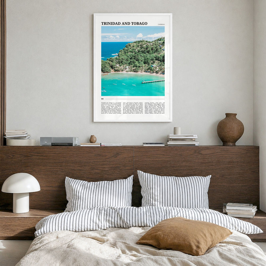 Trinidad and Tobago Travel No 2 Poster in a white wood frame, hanging in a bedroom