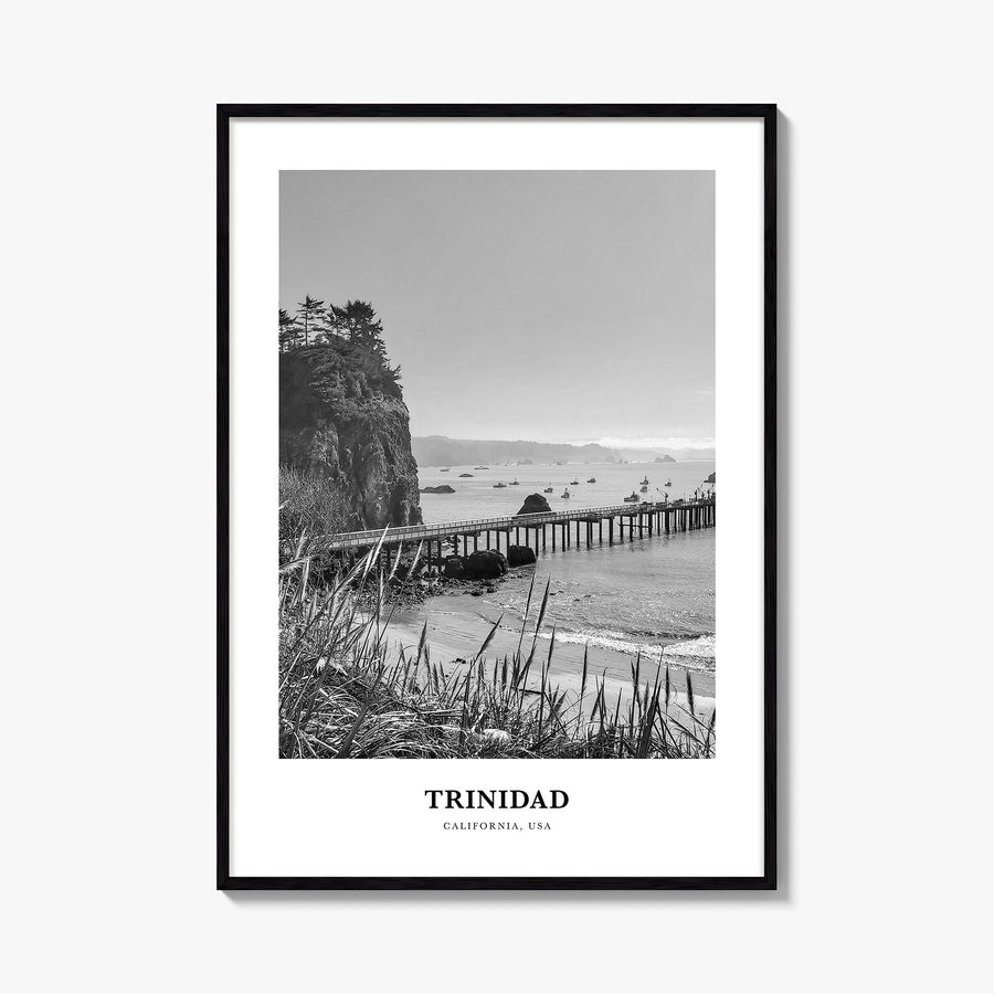 Trinidad black & white classic poster of California, USA – vertical wall art, unframed print shown in interior mockup