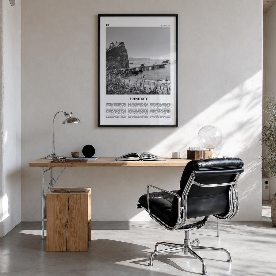 Trinidad black & white newspaper poster of California, USA – vertical wall art in black wood frame, hanging on wall