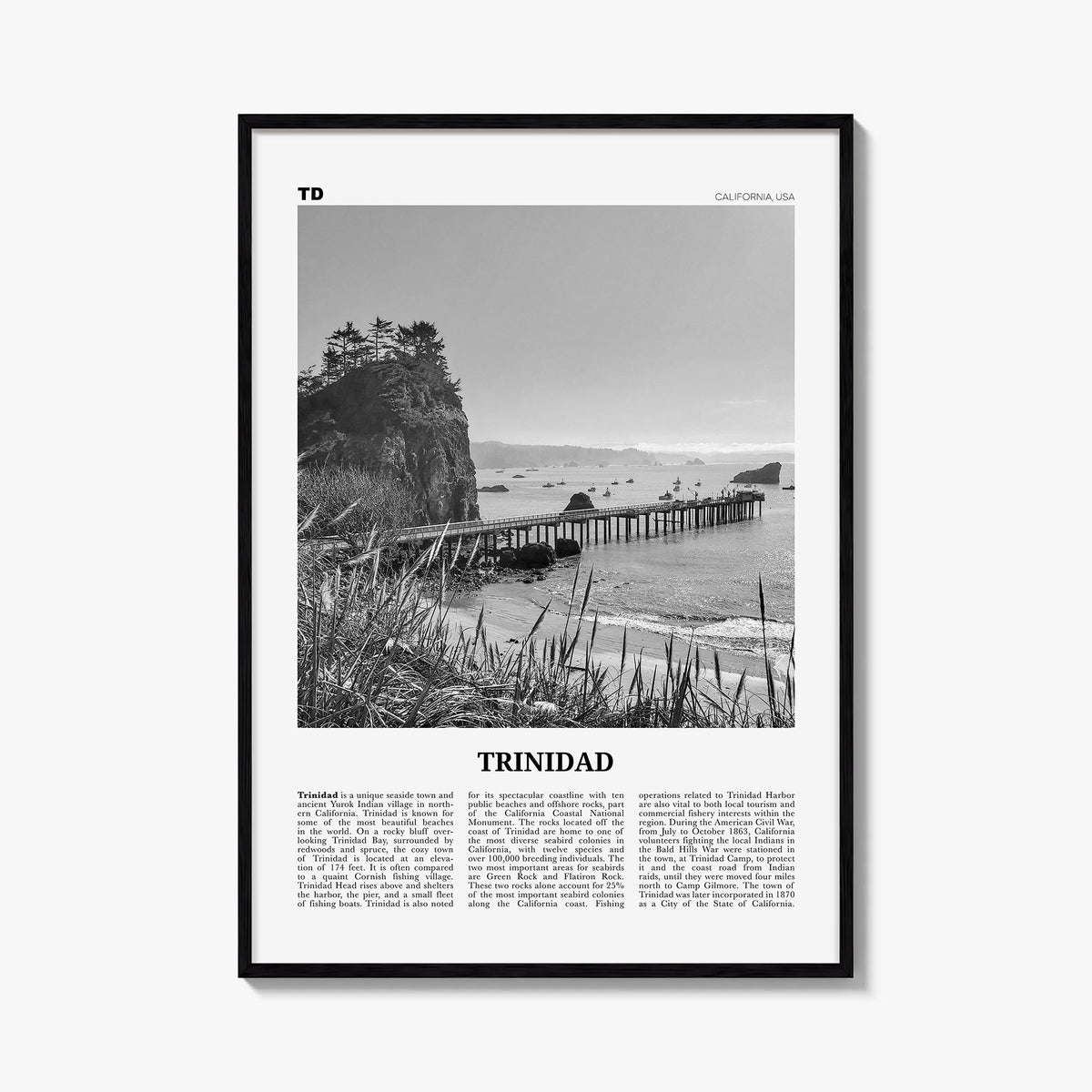 Trinidad black & white newspaper poster of California, USA – vertical wall art, unframed print shown in interior mockup