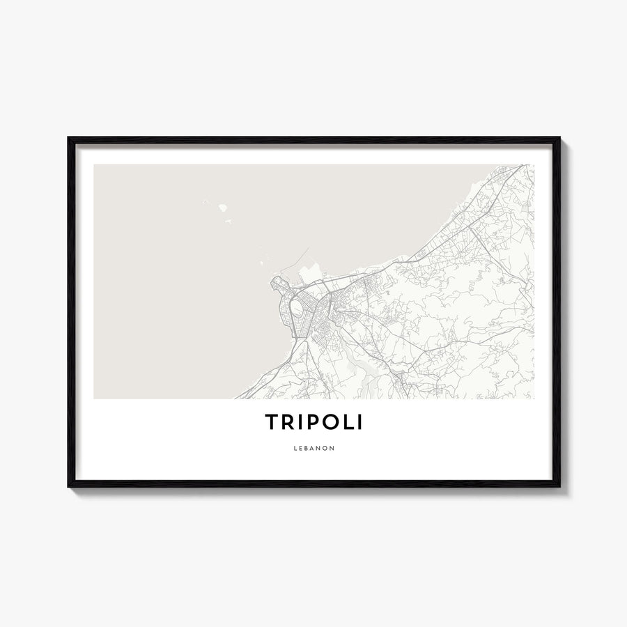 Tripoli, Lebanon black & white map poster of Lebanon – horizontal wall art, unframed print shown in interior mockup