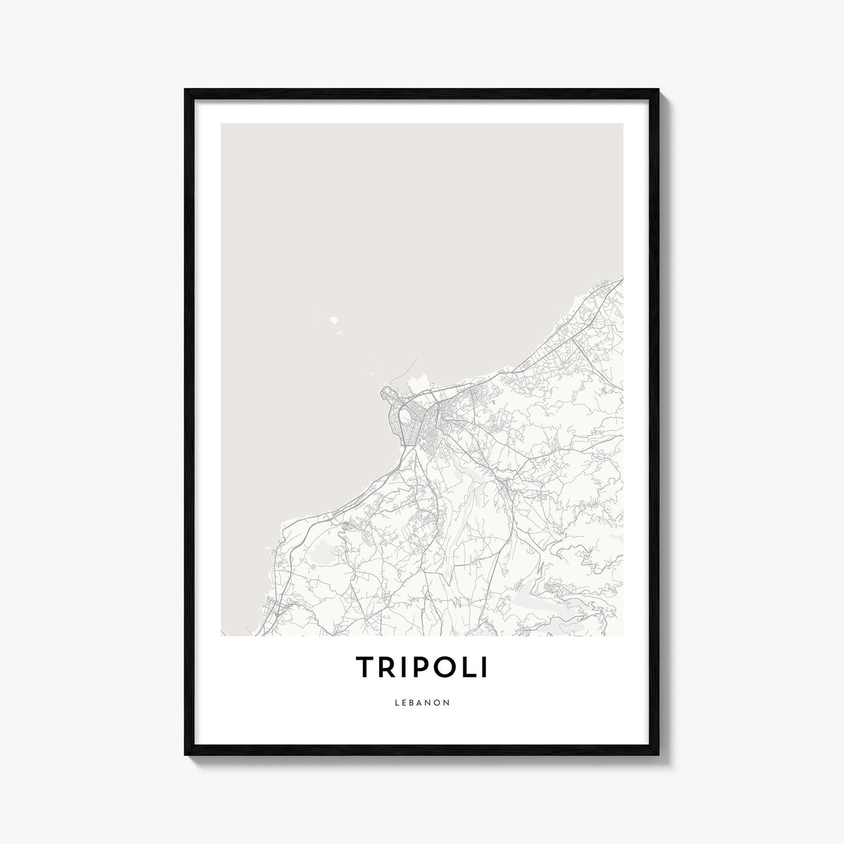 Tripoli, Lebanon black & white map poster of Lebanon – vertical wall art, unframed print shown in interior mockup