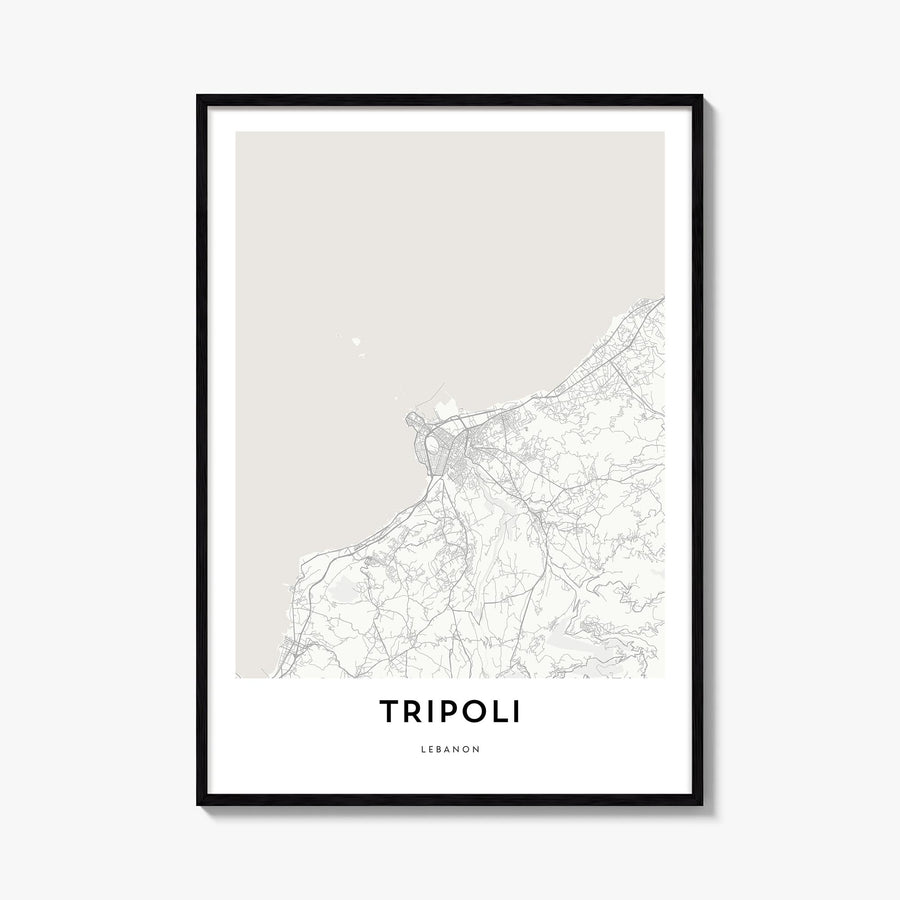 Tripoli, Lebanon black & white map poster of Lebanon – vertical wall art, unframed print shown in interior mockup