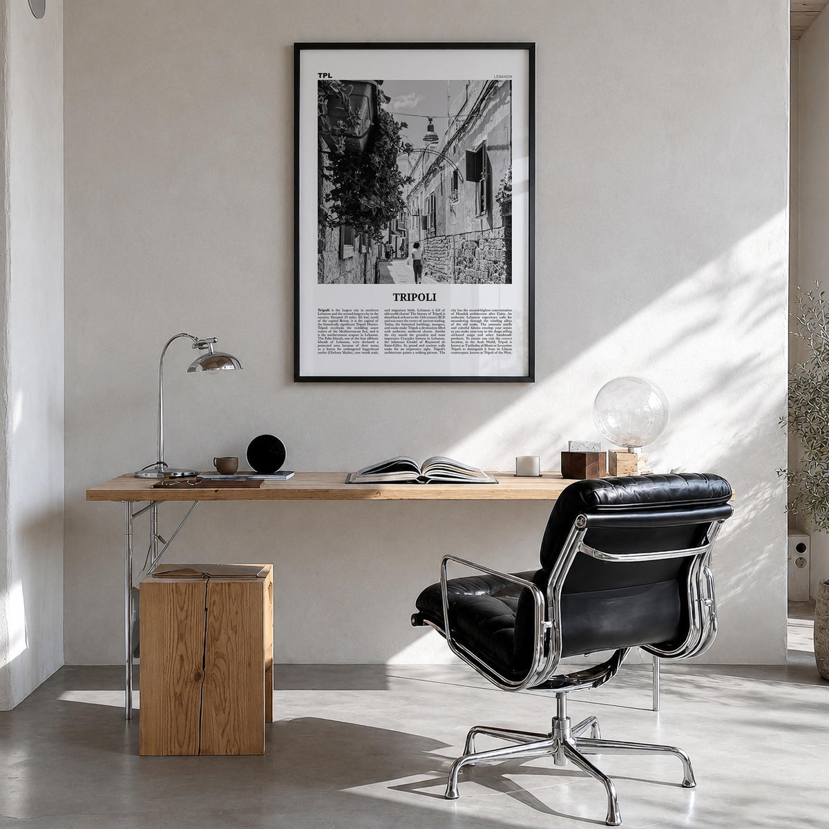 Tripoli, Lebanon no. 1 black & white newspaper poster of Lebanon – vertical wall art in black wood frame, hanging on wall
