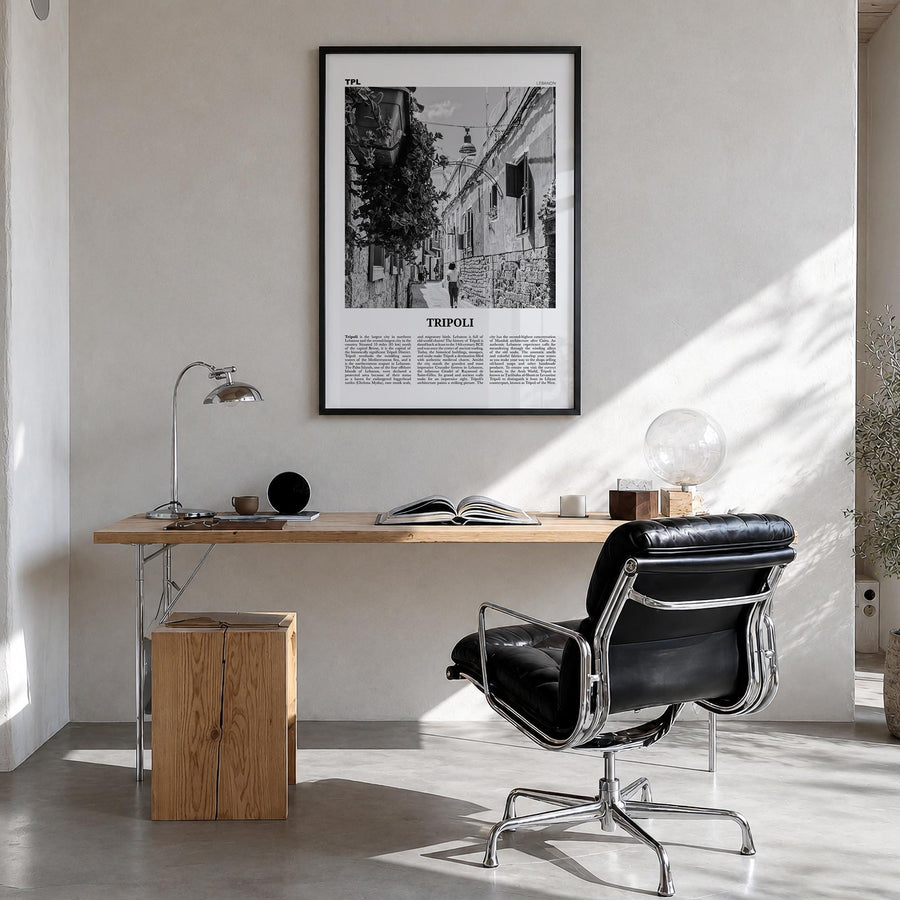 Tripoli, Lebanon no. 1 black & white newspaper poster of Lebanon – vertical wall art in black wood frame, hanging on wall
