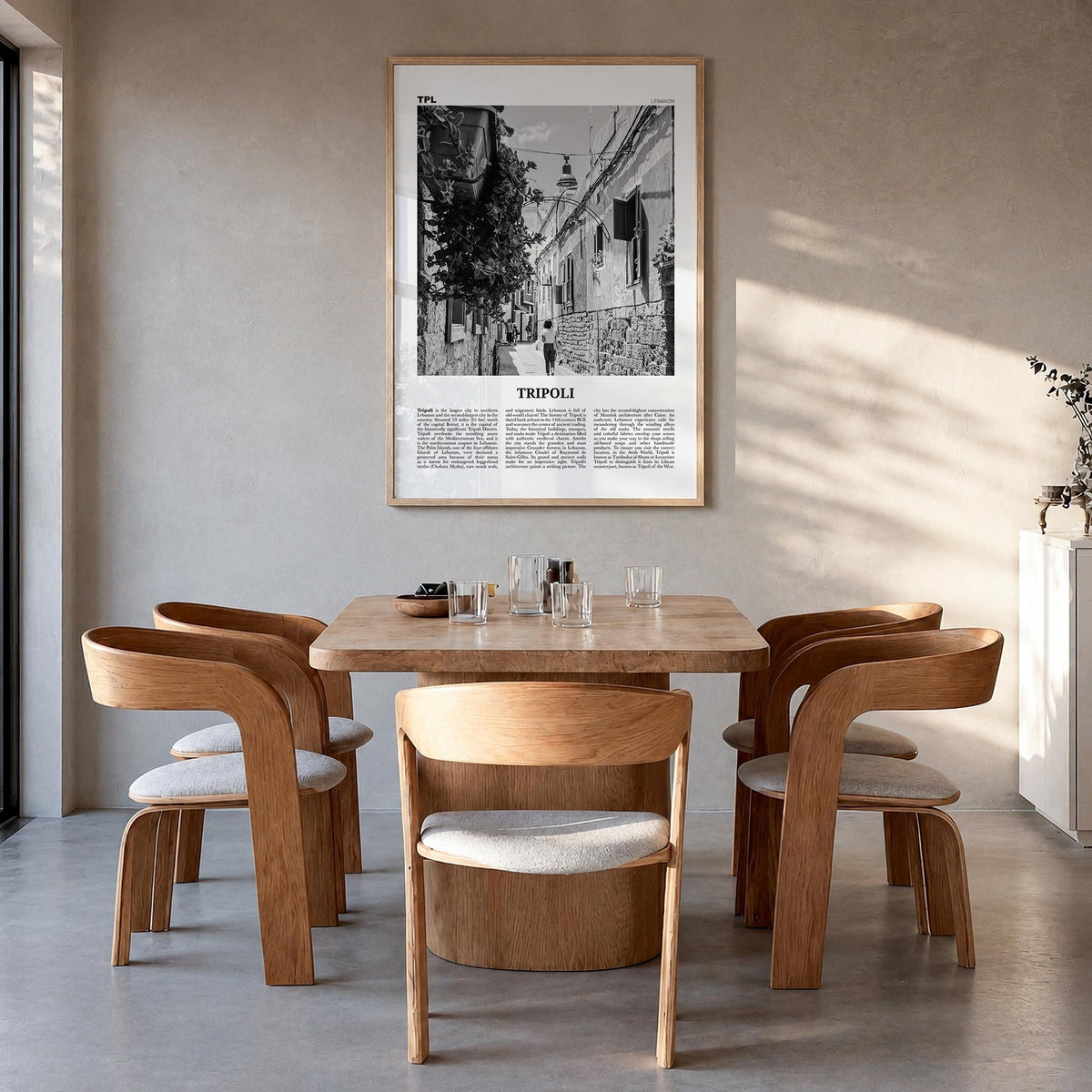 Tripoli, Lebanon no. 1 black & white newspaper poster of Lebanon – vertical wall art in natural wood frame, hanging on wall