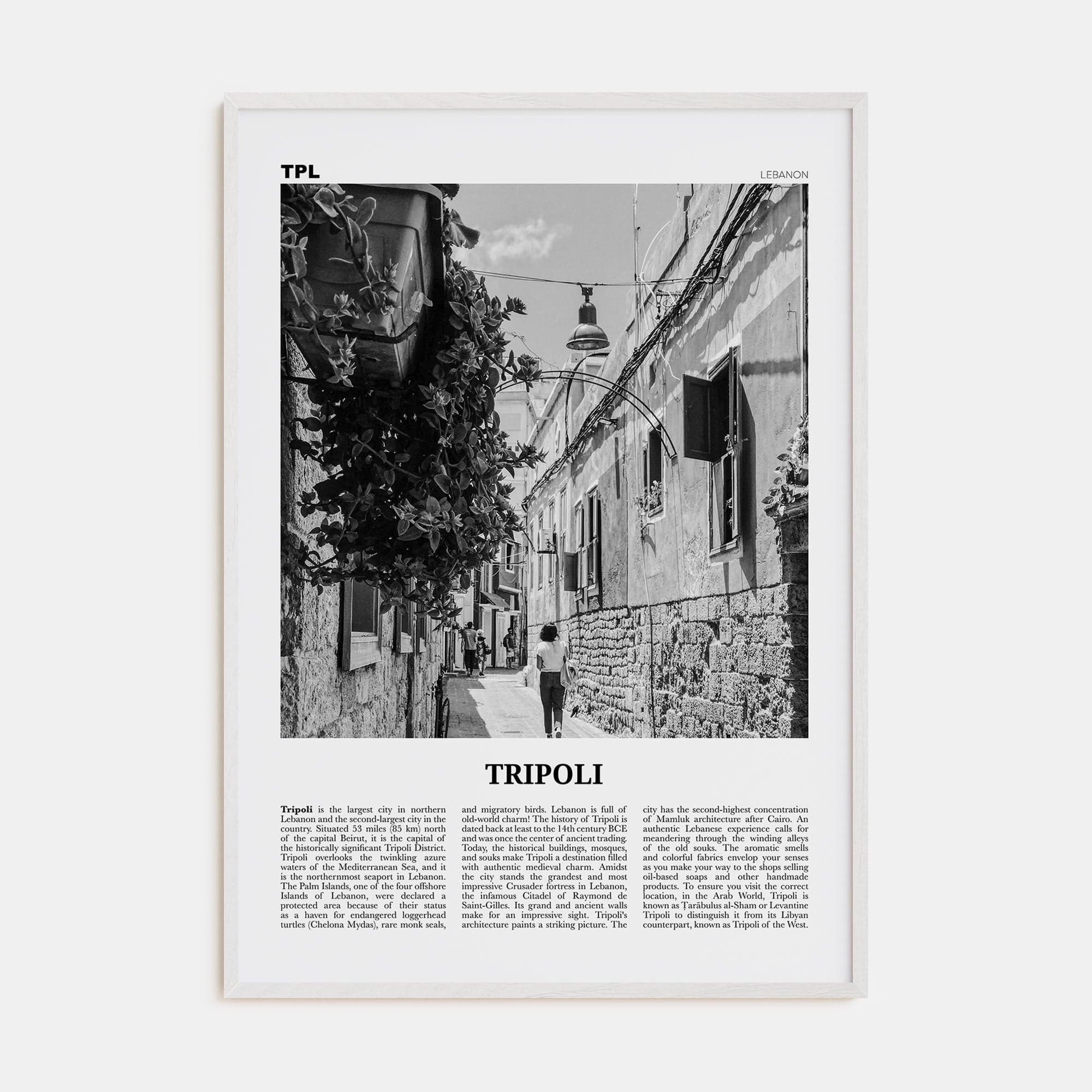 Tripoli, Lebanon No 1 Poster White Wood / 8x12 in Nbourhood Travel B&W Poster