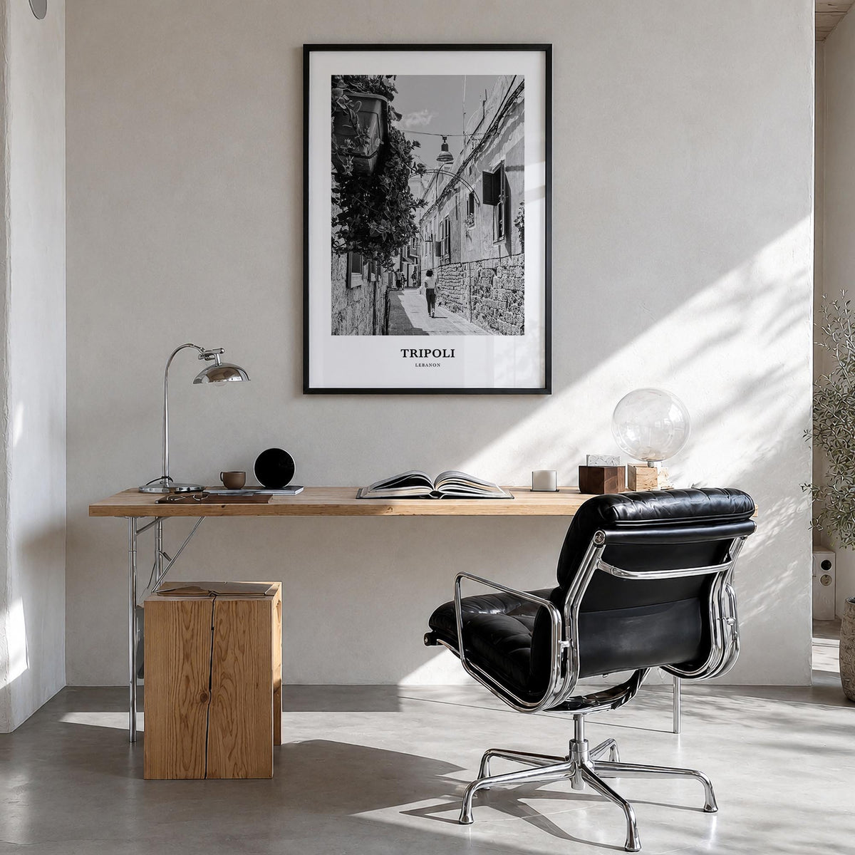Tripoli, Lebanon no. 2 black & white classic poster of Lebanon – vertical wall art in black wood frame, hanging on wall