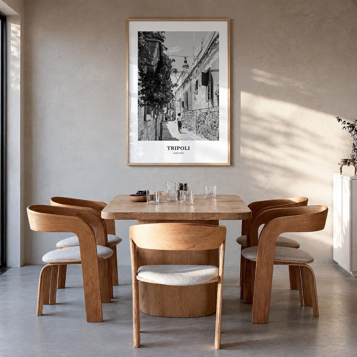 Tripoli, Lebanon no. 2 black & white classic poster of Lebanon – vertical wall art in natural wood frame, hanging on wall