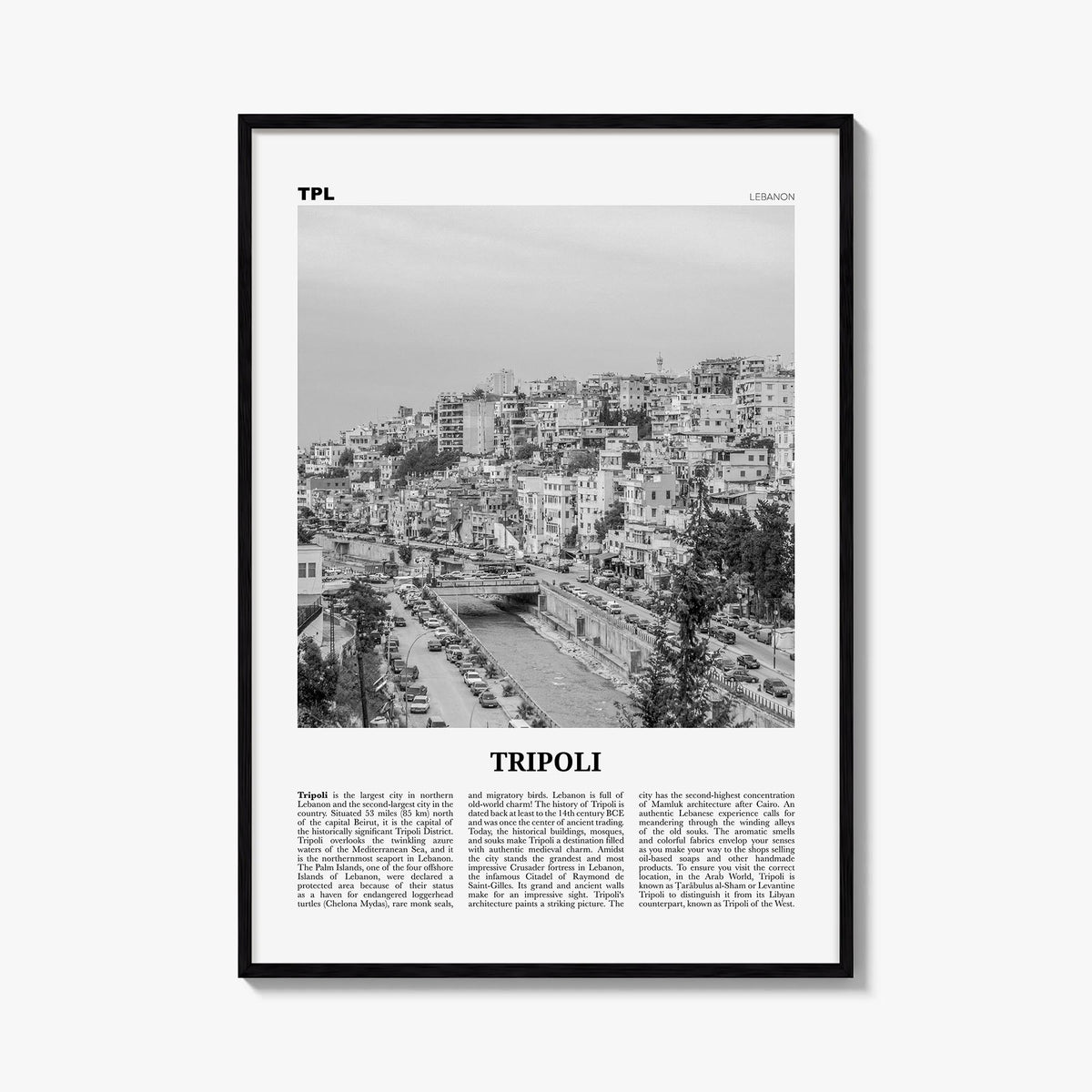 Tripoli, Lebanon no. 2 black & white newspaper poster of Lebanon – vertical wall art, unframed print shown in interior mockup