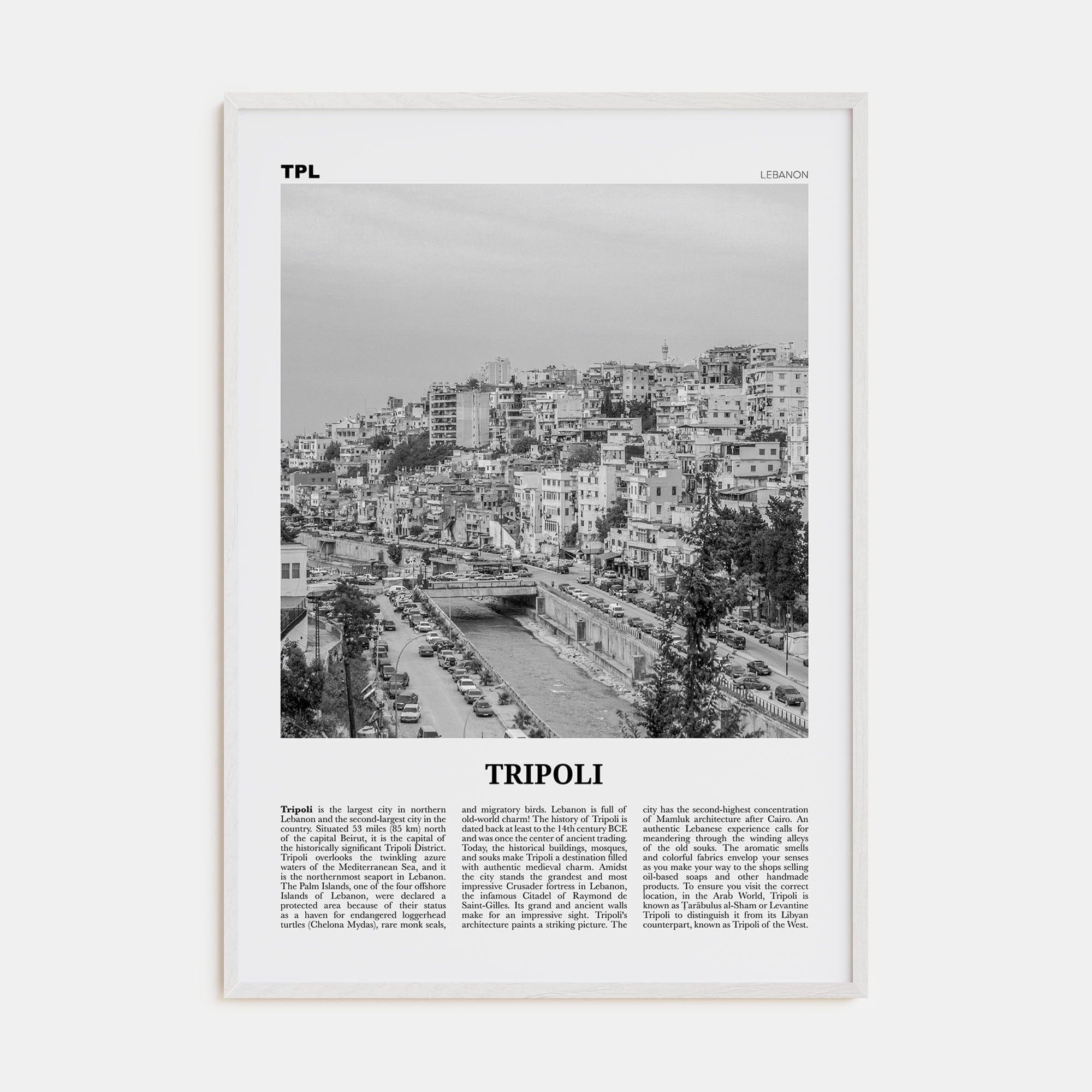 Tripoli, Lebanon No 2 Poster White Wood / 8x12 in Nbourhood Travel B&W Poster