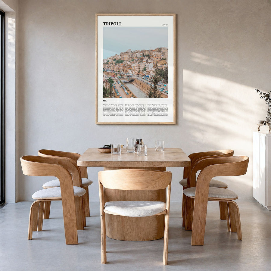Tripoli, Lebanon Travel Poster in a natural wood frame, hanging in a dining room