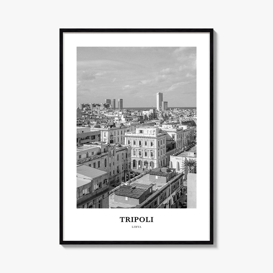 Tripoli, Libya black & white classic poster of Libya – vertical wall art, unframed print shown in interior mockup