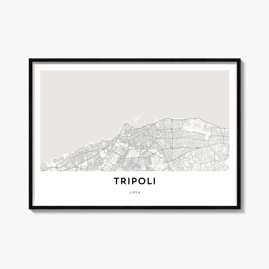 Tripoli, Libya black & white map poster of Libya – horizontal wall art, unframed print shown in interior mockup