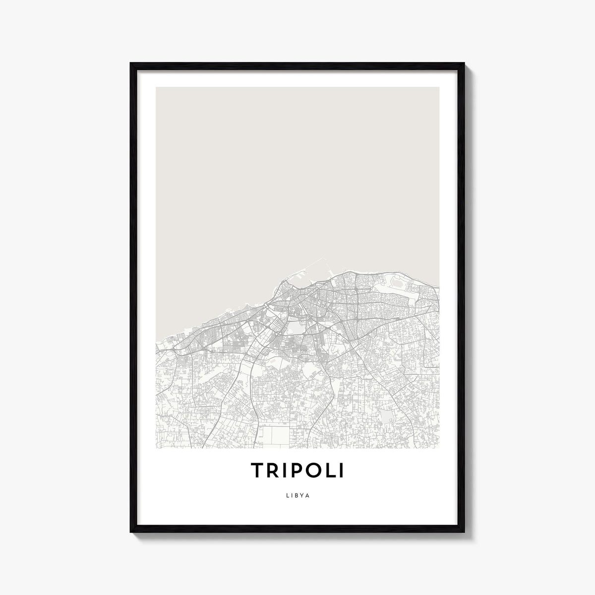 Tripoli, Libya black & white map poster of Libya – vertical wall art, unframed print shown in interior mockup