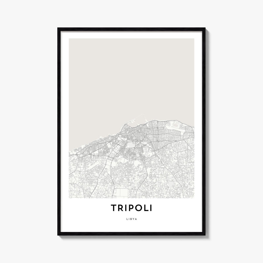Tripoli, Libya black & white map poster of Libya – vertical wall art, unframed print shown in interior mockup