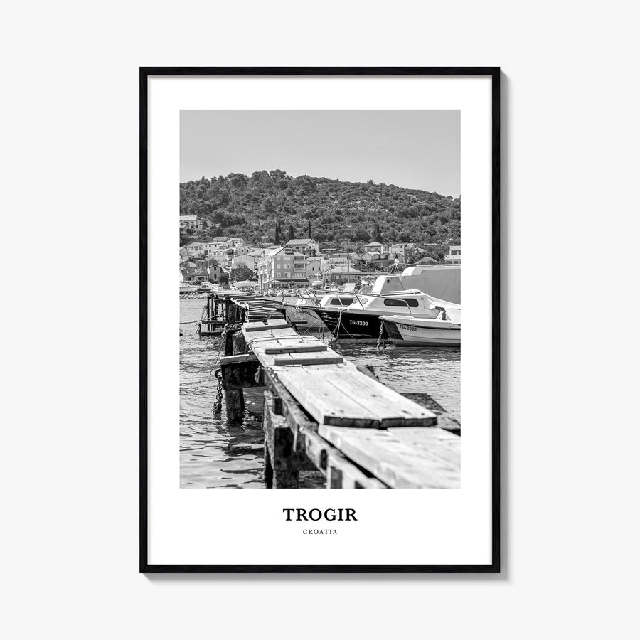 Trogir black & white classic poster of Croatia – vertical wall art, unframed print shown in interior mockup
